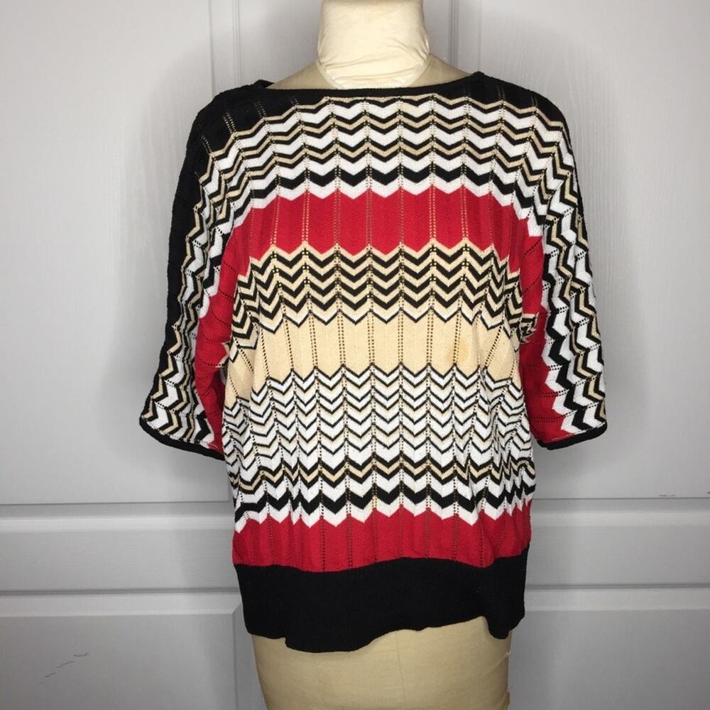 Carducci Sweater Top Blue Black White Geometric Striped Chevron XL short sleeve